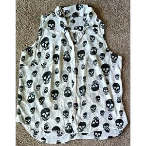 Fun & Flirty Skull Sheer Button Up Shirt Size 2X Sleeveless Hi Lo Goth Grunge